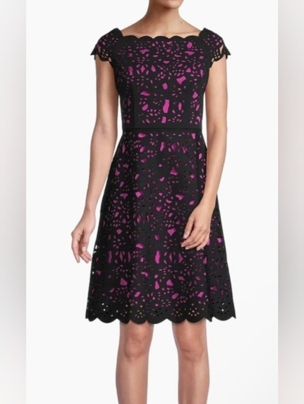 NWOT Shani Black Off-The-Shoulder Laser-Cut Dress with Purple Lining